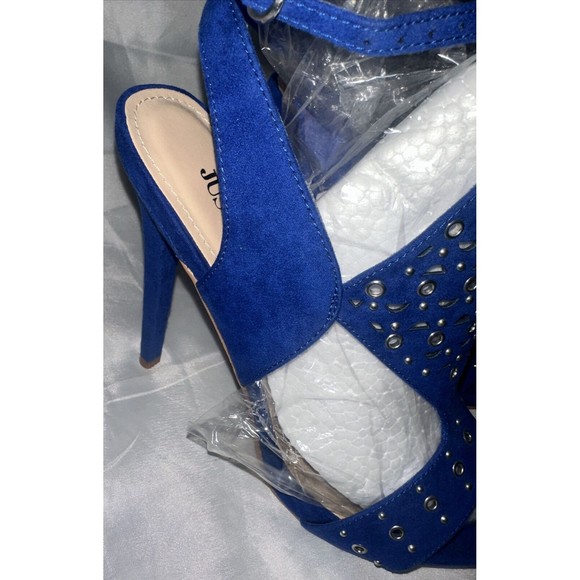 Just Fab Women's Size 8.5 Platform Stiletto 5in Heels Blue Silver Design Straps - Picture 5 of 16